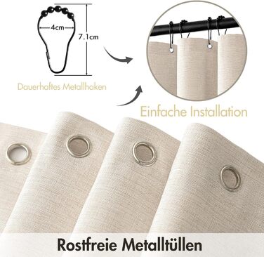 Шторка для душу MIULEE 120x200 см, льонова текстура, бежева, з чорною окантовкою, водонепроникна, антигрибкова, з 8 кільцями, для ванної кімнати