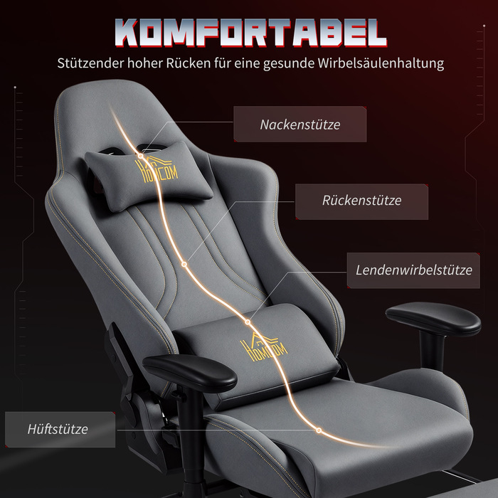 Ігрове крісло HOMCOM з ергономічною підтримкою спини та 3D-підлокітниками, регульоване, з м'якою спинкою та поперековою підтримкою, коліщатками, сірого кольору