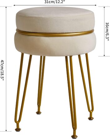 Сучасний оксамитовий пуф з круглим підніжжям IBUYKE, стільчик для макіяжу, пуф з золотими ніжками, декоративний пуф для спальні, вітальні, передпокою, білий L/G-40M з декором кремово-білий