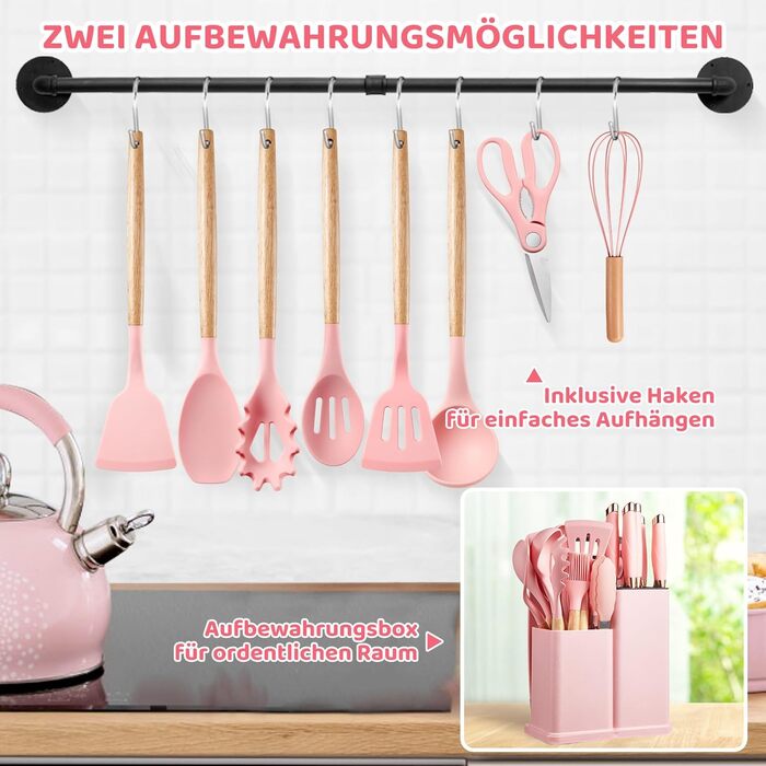 Набір кухонних аксесуарів 37 шт. з силікону, рожевий. Набір кухонних помічників, стійкий до високих температур, придатний для миття в посудомийній машині, з антипригарним покриттям