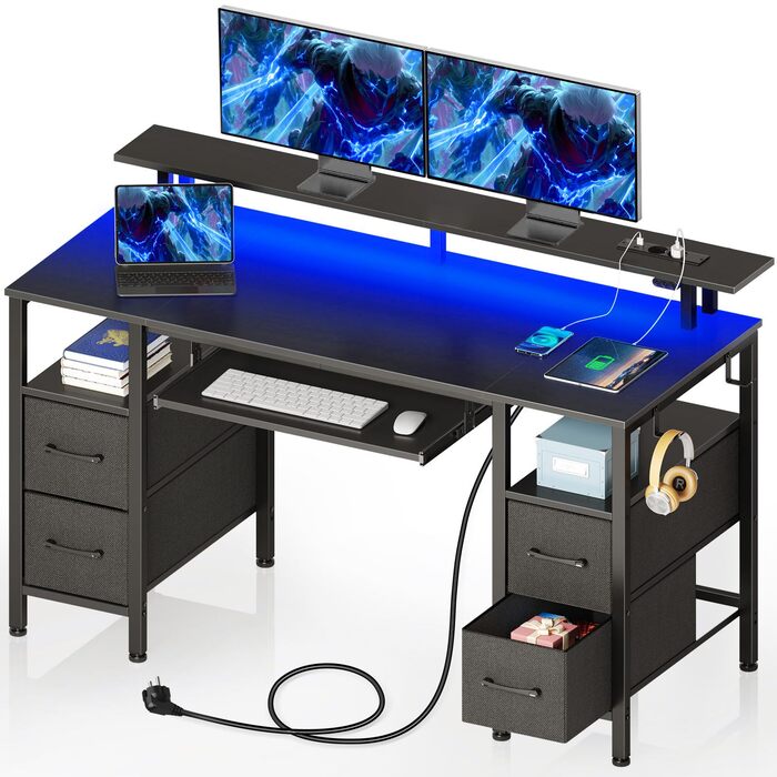 Ігровий стіл Seventable з LED, розетками та USB портами, чорний 120x47x88 см