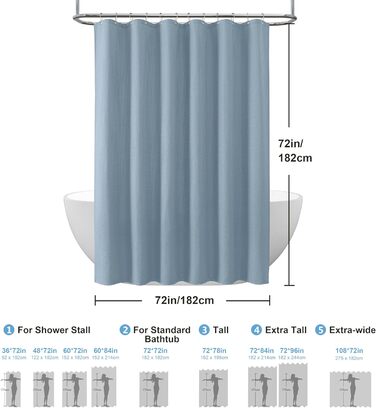 Шторка для душу з льону з металевими кільцями, сіра, 182 x 214 см. Тканинна шторка для ванни, водовідштовхувальна, антигрибкова, для ванної кімнати