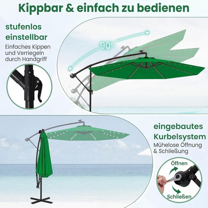 Садова парасолька COSTWAY 300 см з підставкою та LED-підсвіткою, підвісна парасолька-амбрела з ручкою, захист від UV, для тераси, басейну та двору, бежевий/зелений
