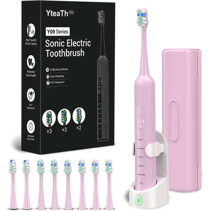 Електрична зубна щітка звукового типу для дорослих та дітей, 5 режимів чищення, 3 рівні інтенсивності, таймер, 8 насадок, чохол для подорожей, рожевий колір