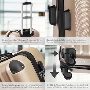 Набір валіз Tectake 3шт з ваговою та ідентифікатором, M-L-XL, ABS, телескопічна ручка, Champagner