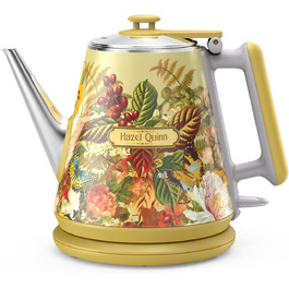 Електричний чайник Hazel Quinn, 1 л, ретро-дизайн, з нержавіючої сталі 304, 1360W, білий перламутровий (жовтий з квітковим візерунком), BPA-free, автоматичне вимкнення