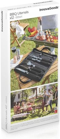 Набір гриля InnovaGoods 12 предметів: інструменти з нержавіючої сталі, термостійкі ручки, кейс, миється в посудомийній машині, чорний, сталь, нержавіюча сталь