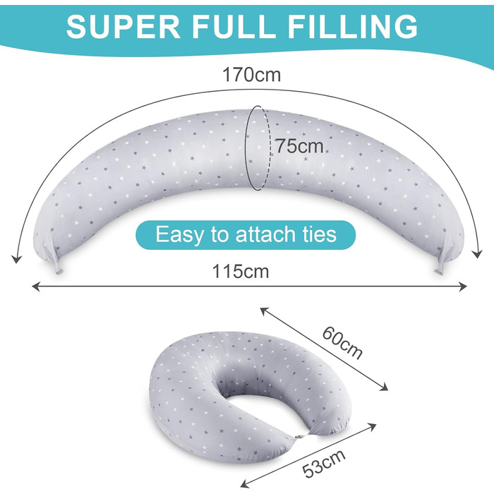 Подушка для годування Lannvan XXL 170 см - Подушка для вагітних/для сну на боці з бавовняним чохлом - сірий