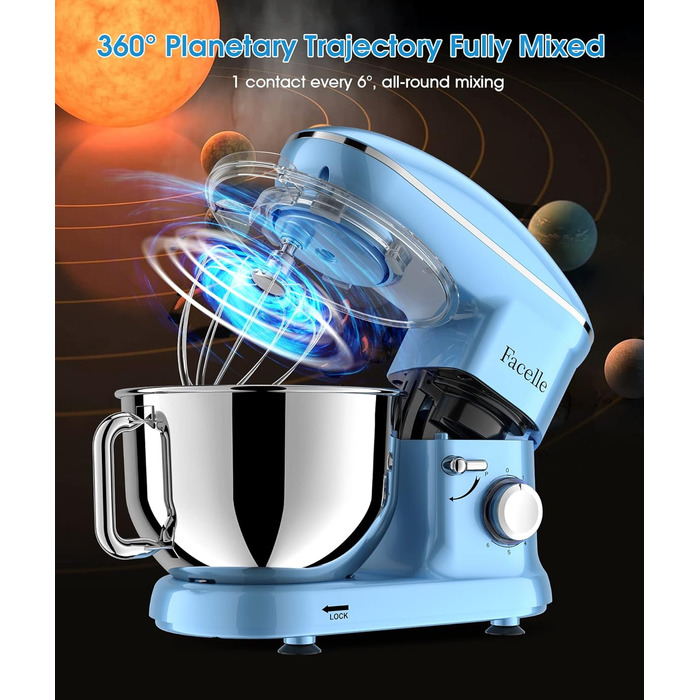 Кухонна машина Facelle 1500W з нержавіючою чашею 6.2L, 6 швидкостей, комплект насадок (блакитна)