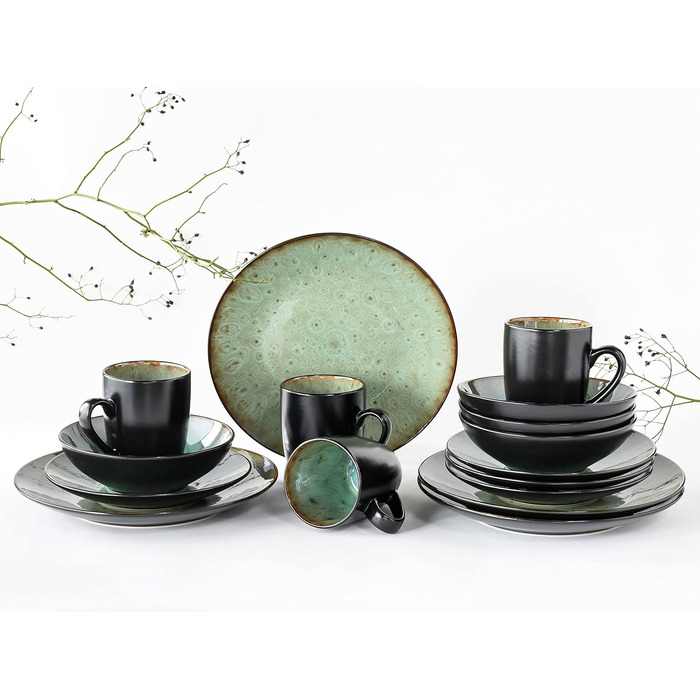 Серія CAPRI - Реактивна глазур, набір посуду 16 шт., комбінація керамограніту, можна мити в посудомийній машині та мікрохвильовій печі, якісне виробництво (зелений), 23630