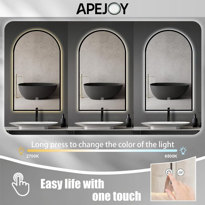 Дзеркало для ванної кімнати овальне з підсвічуванням 75x45 см, LED, сенсорне керування, зміна кольору світла (чорний)