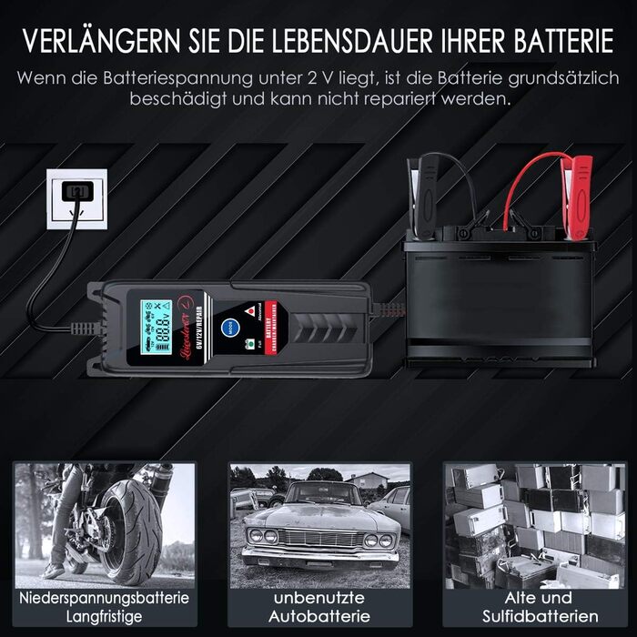 Зарядний пристрій для акумулятора LEICESTERCN 12V/24V - автоматичний, 5/10/25A, LCD, для авто, мото, 6V/12V