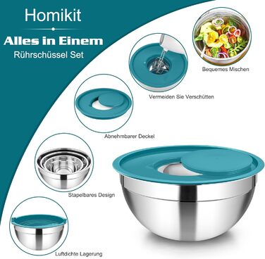 Набір мисок Homikit, 5 шт. з нержавіючої сталі, з кришкою та силіконовим дном, мультифункціональний, для салатів, 6.6L / 3.5L / 2.5L / 1.5L / 1L (блакитний, з 3 тертками)