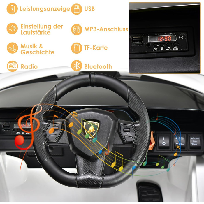 Електромобіль для дітей DREAMADE Lamborghini 12V з дистанційним керуванням, ременем безпеки, підсвіткою, музикою та сигналом, білий, для дітей від 3 років
