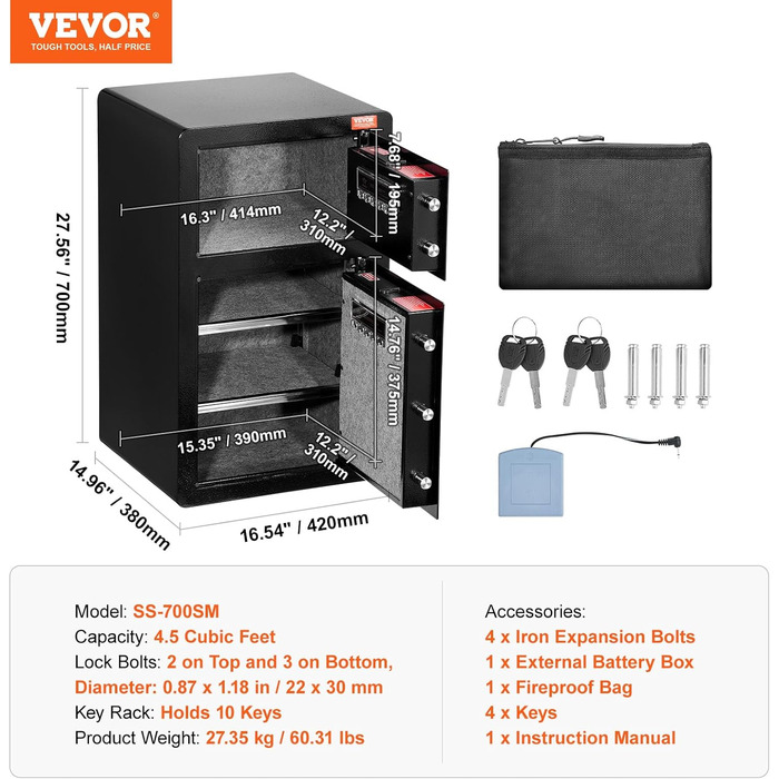 Сейф VEVOR з вогнестійким кишеням, 3,5 кубічних футів, 2 перегородки, цифровий сейф для дому, чорний, 1 дверцята (2 відділення)