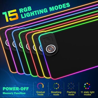 RGB ігровий килимок для миші з бездротовою зарядкою Qi 15W, LED підсвічуванням, 10 режимів, водонепроникний, протиковзкий, для геймінгу, офісу та дому (чорний)