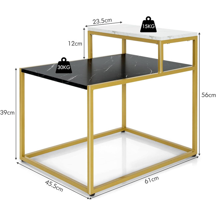 Журнальний столик золотий, прямокутний диванний стіл з мармуровим візерунком, журнальний столик з 2 ярусами, приліжковий столик журнальний столик для вітальні спальні, 645,5x56см