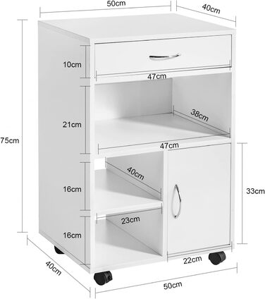 Столик для принтера SoBuy FBT106-W з роликами, 50x75x40 см: мобільний стіл-підставка з шухлядою для офісу та дому