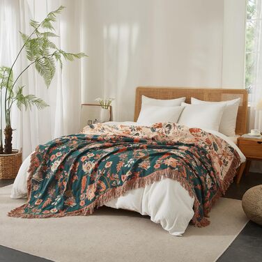 Богемна ковдра Softexly Boho Decke 100% бавовна – двостороння муслінова ковдра 150x200 см, м'яка софа/ліжко, естетичний дизайн, для вітальні та спальні, помаранчевий/зелений (230 x 250 см, Квіткова мелодія)