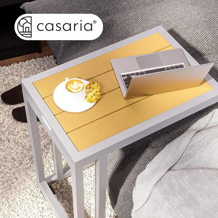 Журнальний столик Casaria C-Shape 50x40x66см, Метал/WPC, 40кг, Коліщатка, Атмосферостійкий, Відкритий, Кремово-білий