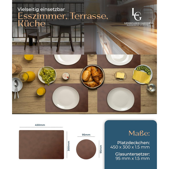 Набори серветок на стіл, 4 шт. – екологічні, стабільні та неслизькі – з високоякісної переробленої шкіри, Made in Germany (Темно-коричневі)