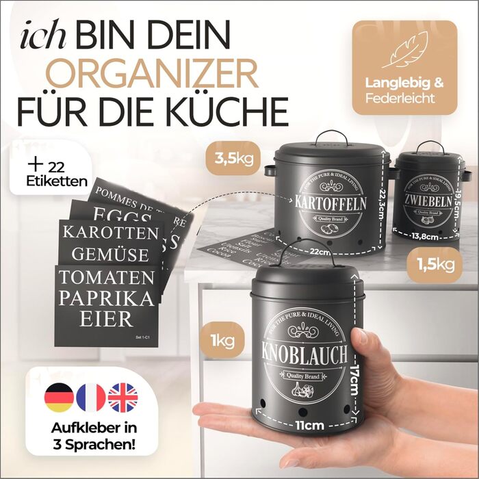 IDEALTASTIC® Преміум Коробка для зберігання картоплі [3 шт] | Набір з 3 контейнерів для картоплі, цибулі та часнику з системою 360° вентиляції для свіжості | Чорний