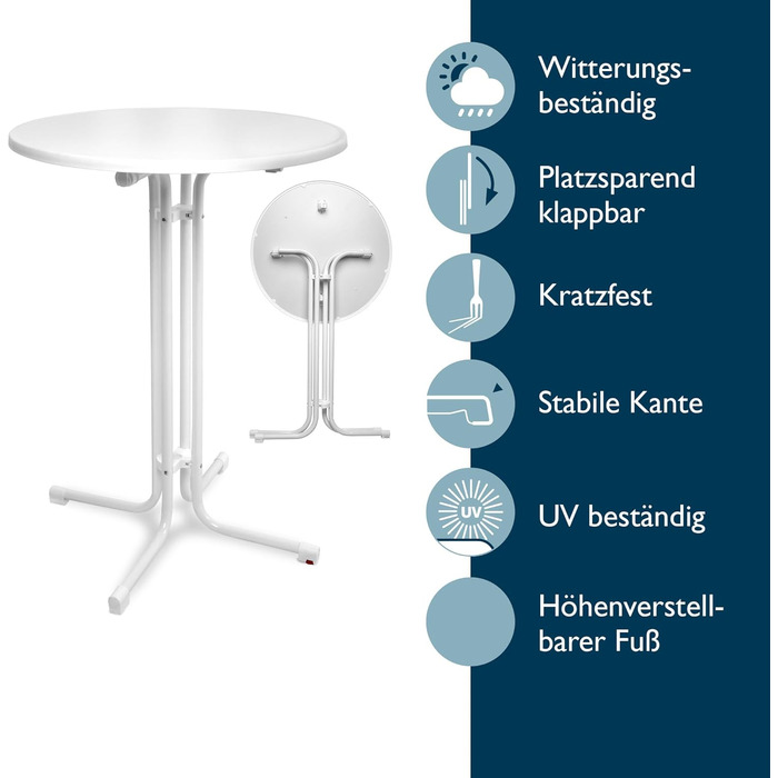 Стіл Beautissu розкладний, 70 см, білий Bellini – стійкий, погоджувальний, з анти-царапин покриттям. Підходить для вулиці, кафе, барів. Легка збірка, Ø 70 см. Ідеальний для вечірок та пікніків.
