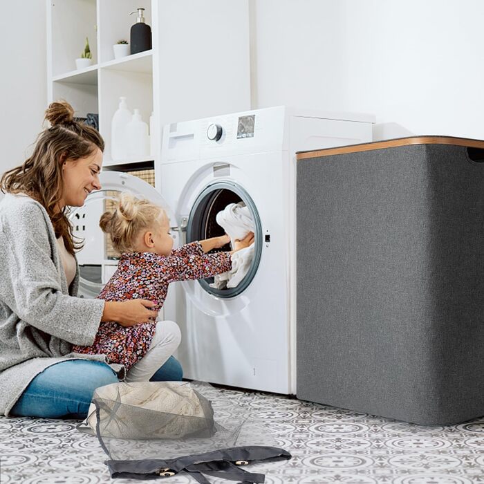 Кошик для білизни Rieeyrslza з кришкою 158л з бамбука та тканини Оксфорд, знімні мішки для білизни, складний сортер для білизни, багатофункціональний кошик для зберігання (сірий)