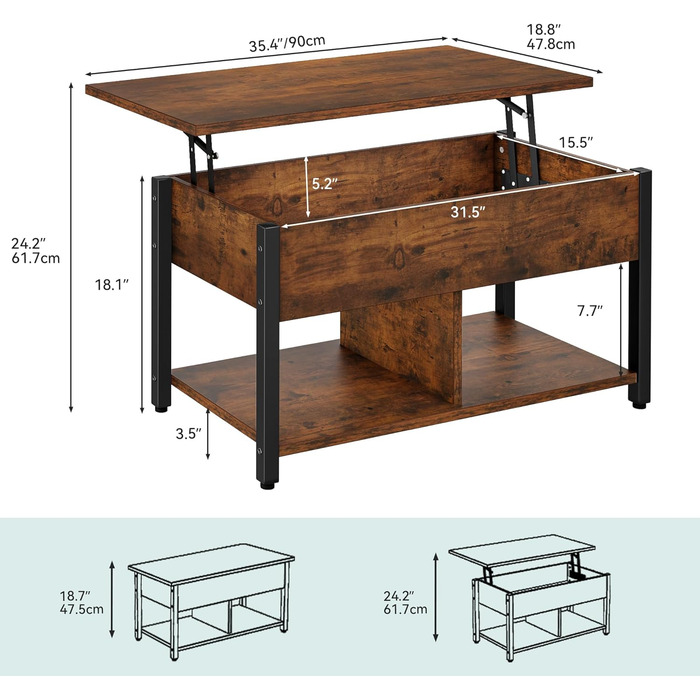 Журнальний столик YITAHOME з регулюванням висоти та місцем для зберігання, вінтажний коричневий для вітальні/офісу