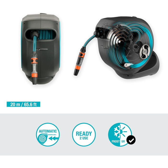 Шланг садовий Gardena RollUp M (бірюзовий) 20м: гнучкий, з поворотним барабаном, з кріпленням для стіни, з розпилювачем та 20м шлангу