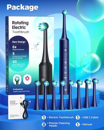 Електрична зубна щітка для дорослих Rotierende з 8 насадками, 4 режимами чищення, акумулятор до 60 днів, таймер 2 хв - професійна, блакитна