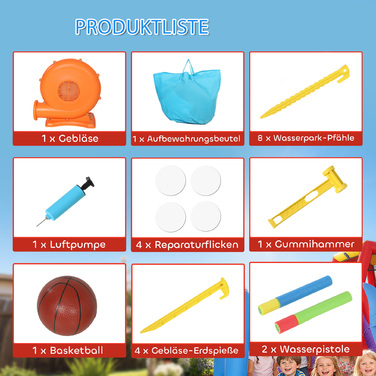 Надувний ігровий центр з насосом, гірка, батут, дитячий басейн/бісеринки, водяний пістолет, 364x173x182 см, блакитний