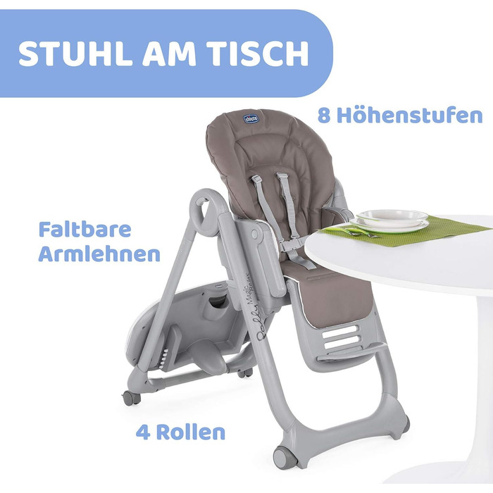 Високий стільчик Chicco Polly Magic Relax з іграшковим центром та зменшувачем для новонароджених, 8 положень по висоті, 4 колеса, Made in Italy