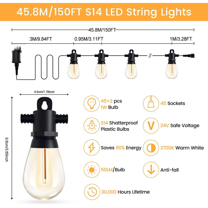 LED гірлянда для зовнішнього використання 30 метрів з пультом, S14, 100 футів, IP65, водонепроникна, 30+2 лампочки, для саду, тераси, балкону, двору, тепле біле світло (2700k, 45 м)