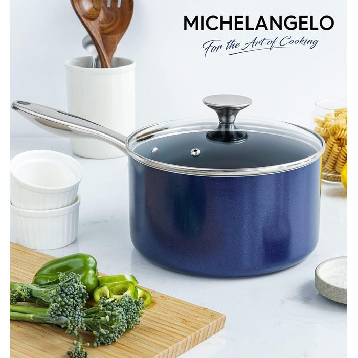 Набір каструль Michelangelo з керамічним покриттям, 1.5л, 2л, 3л, з кришкою, з нержавіючої сталі, синій, для плити та духовки
