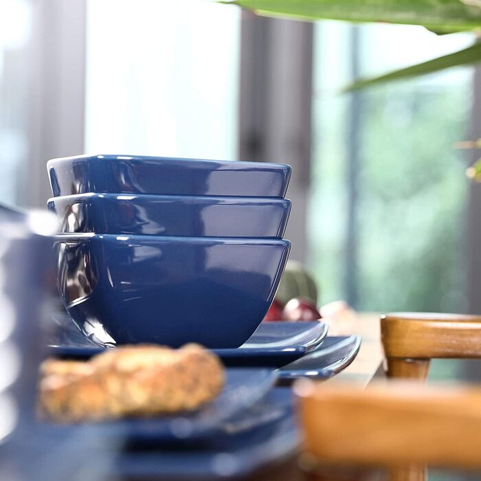 Ванкассо столовий сервіз фарфор, набір посуду Soho з 32 предметів, по 8 тарілок в кожній, десертні тарілки, миски з пластівцями і кавові чашки на 8 осіб, комбінований сервіз, кутовий посуд (синя, комбінований сервіз з 48 предметів)