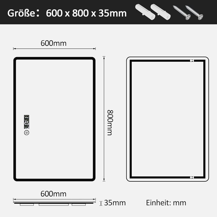 Дзеркало для ванної кімнати з підсвічуванням та годинником Boromal, 80x60 см, диммування, 3 кольори світла (3000-6500K), 2940LM