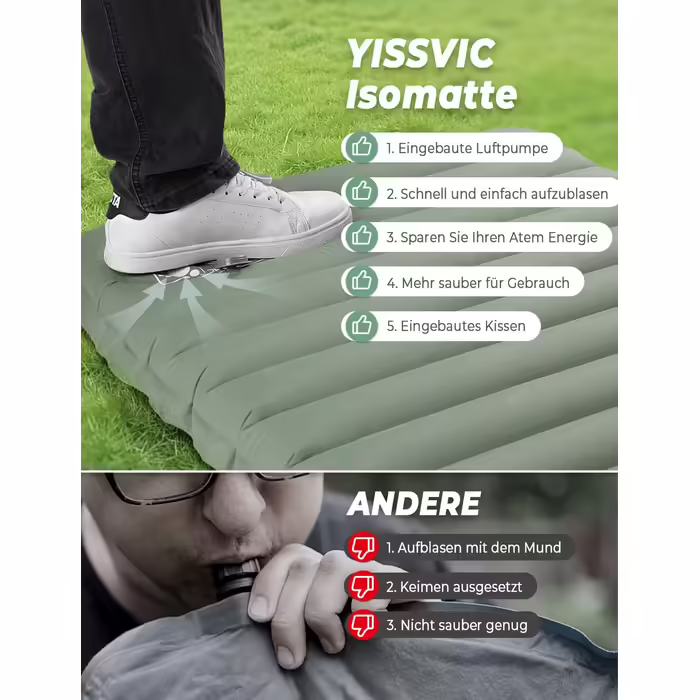 Самонадувний килимок для сну Yissvic 10 см з насосом для ніг, подушка, ультралегкий для вулиці, сіро-зелений