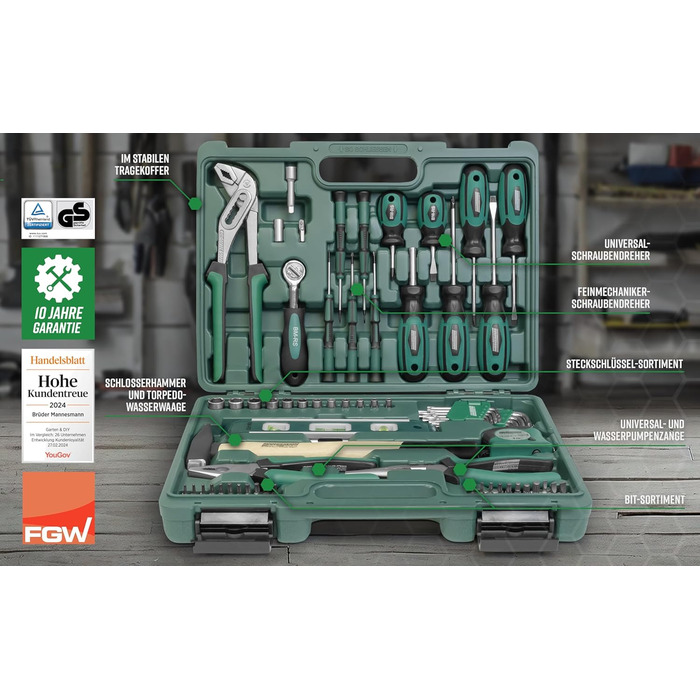 Набір інструментів Brüder Mannesmann 87 предметів у кейсі з Cr-V сталі: викрутки, плоскогубці, молоток, рівень, головки та біти M29084