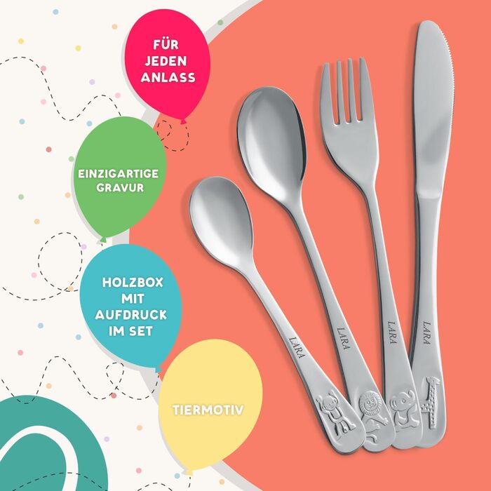 Набір дитячого столового прибору Maverton Kinderbesteck з гравіюванням + дерев'яна коробка з надруком (з тваринами) з нержавіючої сталі, коричневий. Подарунок для дівчинки на день народження, хрещення, народження. Різдвяні подарунки. Ведмедик (торт на ден