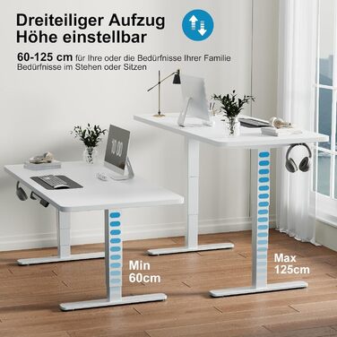 Електричний столовий стіл Devoko з регулюванням висоти, 60-125 см, 3 пам'яті, білий