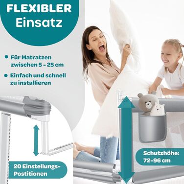 Захисний бортик для ліжка KESSER 150 см: сітчастий бортик-перегородка для дитячого ліжка, складаний, регульований по висоті, сірий