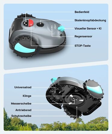 Робот-газонокосилка V100 без обмежувального кабелю з камерою, уникнення перешкод, навігація Vision, акумулятор 4 Ah, 150㎡, запасні леза, спіральне косіння, сірий колір