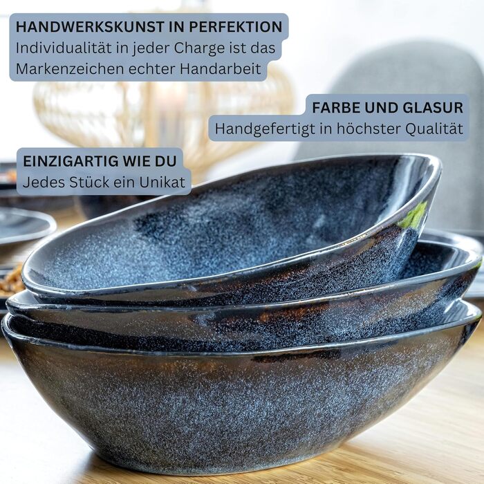 Sänger Tafelservice Tokio 24 елементи: набір посуду з 24 предметів для 8 осіб, столовий сервіз з каменю, сучасний ручної роботи, темно-синій з чорними акцентами | PREMIUM COLLECTION