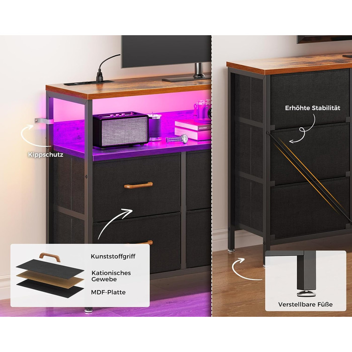 Комод Coleshome з висувними ящиками, LED-підсвічуванням, 2 USB-портами та розетками, 7 тканинних ящики, 132*30*89 см (Ретро колір)