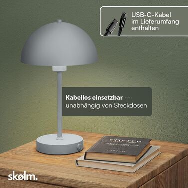 LED настільна лампа Skølm Aeriala: диммування, USB-C зарядка, тепле світло, до 10 годин роботи, метал, сірий колір