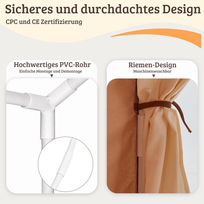 Дитяче намет-будиночок EROMMY 2-в-1 з килимком, прапорцями та світлодіодними смугами, двостулковими дверима, даховим вікном, для дому, вік 3+, коричневий