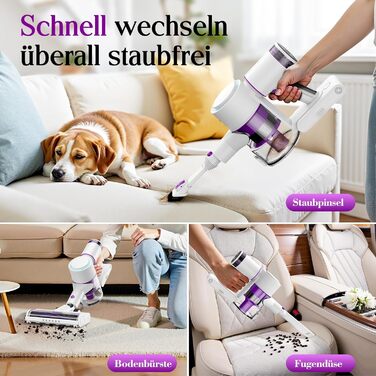 Бездротовий акумуляторний пилосос 45000 Па, 60 хв, 1,75 кг, 6-в-1 з сенсорним екраном, LED-підсвіткою, антизаплутувальною щіткою та зарядною станцією, 7-шарова фільтрація для шерсті тварин, килимів, твердих поверхонь, авто, білий з фіолетовим