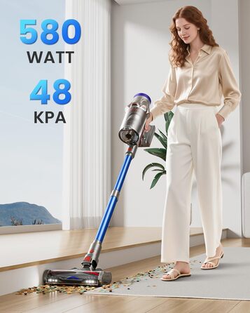 Бездротовий акумуляторний пилосос 48000Pa/580W/65Min, об'єм 1,8L, з функцією від'єднання пилу, антизаплутана щітка, 8-ступенева фільтрація. Підходить для килимів, шерсті тварин та твердих поверхонь. Колір: блакитний