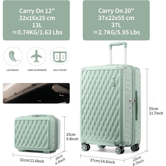 Набір валіз Sea Choice Matcha Grün: M-L-XL (55/65/75 см) з косметичкою, TSA-замок, жорсткий корпус
